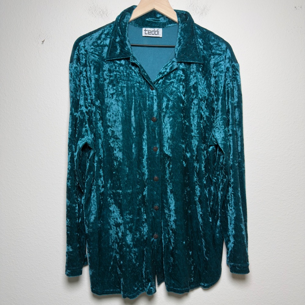 Teddi Women Crushed Velvet Button Up Shirt XL Teal Blue Long Sleeve Indie Grunge